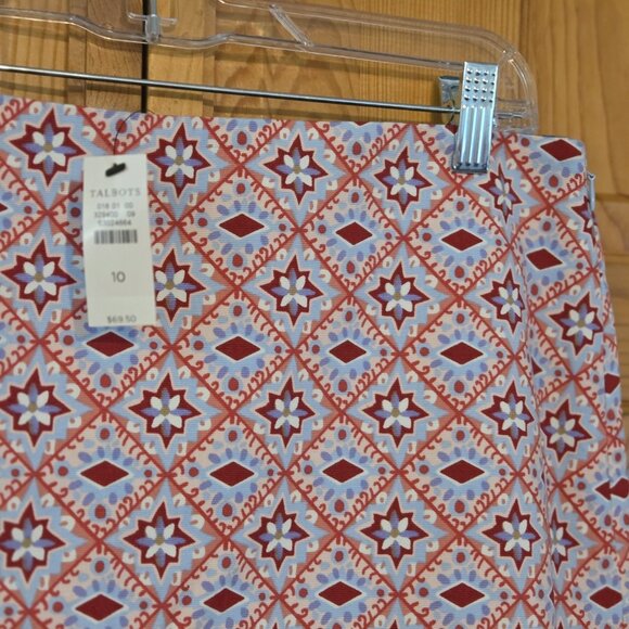 TALBOTS Skirt 10 Medallion Border Print Stretch Cotton Pink Red Blue NEW - Picture 2 of 15